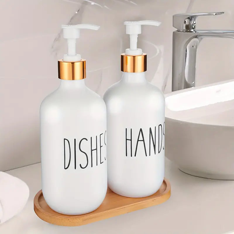 Set de dispensadores de jabón de manos y utensilios de cocina con bandeja de bambú